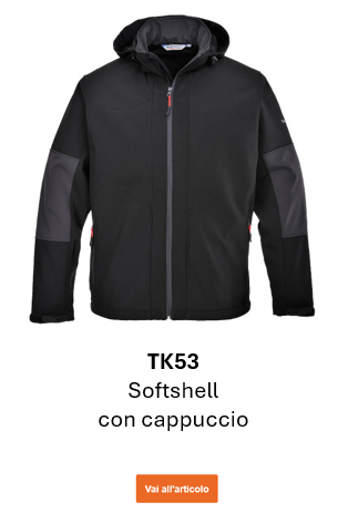 Immagine della giacca softshell impermeabile con cappuccio TK53 nera con dettagli grigi e un link alla pagina del prodotto.