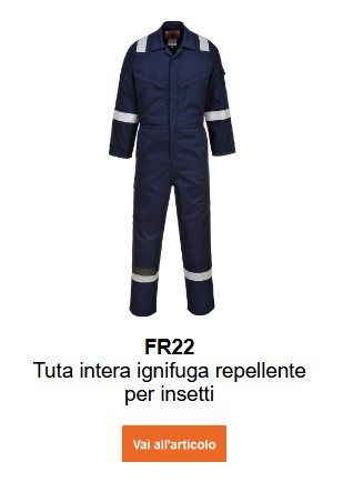 Immagine della tuta ignifuga anti-insetto 210 g FR22 in blu scuro. Viene fornito un link alla pagina del prodotto.
