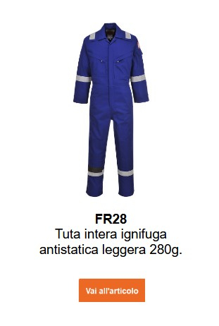 Immagine della tuta ignifuga e antistatica Bizflame 280g FR28 in blu. È disponibile un link alla pagina del prodotto.