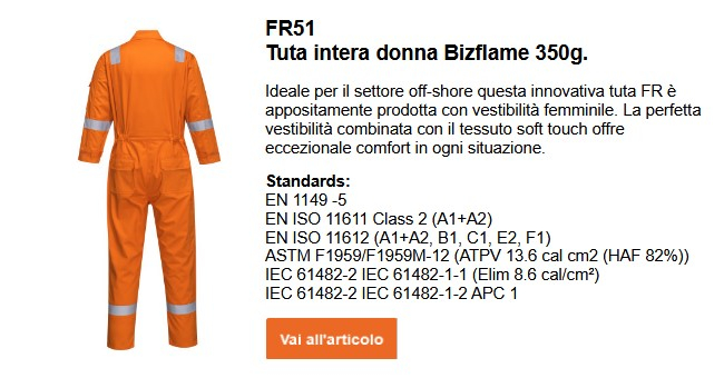 Immagine della tuta da donna Bizflame Plus 350 g FR51 in arancione. Viene fornito un link alla pagina del prodotto.