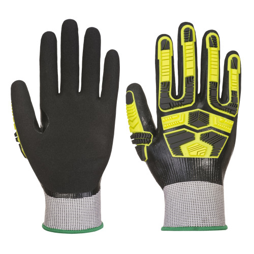 Immagine del guanto impermeabile HR Cut Impact Protection AP55 in nero con dettagli gialli, grigi e verdi. Viene fornito un collegamento alla pagina dell'articolo.