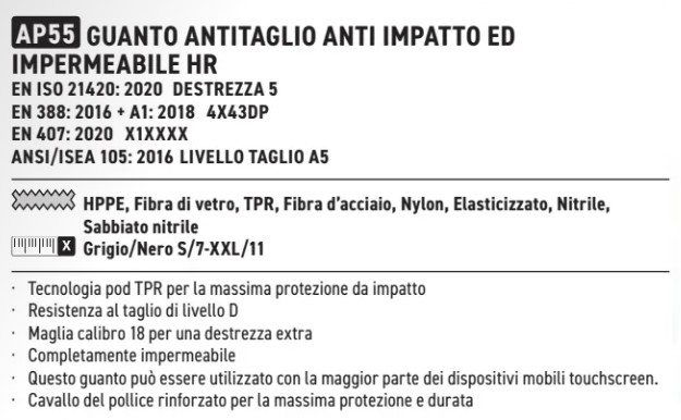 Descrizione del guanto impermeabile HR Cut Impact Protection AP55. Visualizza sulla pagina dell'articolo. Il collegamento è fornito.