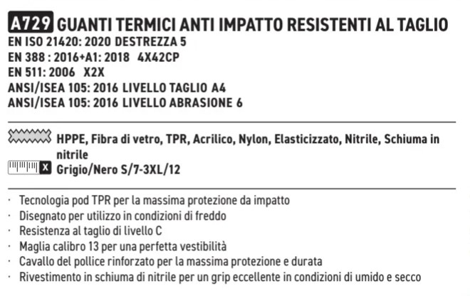 Descrizione dei guanti invernali antitaglio A729. Visualizza sulla pagina dell'articolo. Il collegamento è fornito.