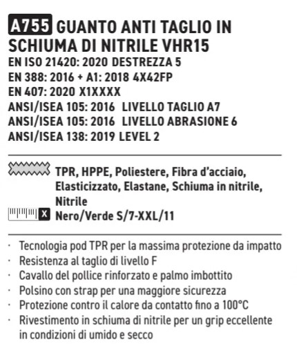 Descrizione dei guanti antiurto in schiuma di nitrile VHR15 A755. Visualizza sulla pagina dell'articolo. Il collegamento è fornito.