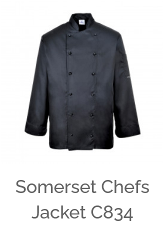 Immagine di esempio della giacca da cuoco Somerset C834 in nero con collegamento all'articolo.