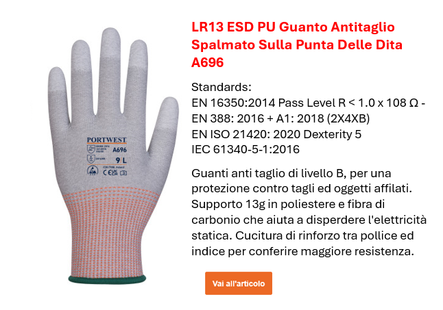 Immagine del guanto LR13 ESD in PU (confezione da 12) A696 in grigio e bianco con dettagli rossi. Viene inoltre fornita una breve panoramica delle norme e del testo informativo. Il link fornito conduce alla pagina del prodotto e a informazioni più dettagliate.