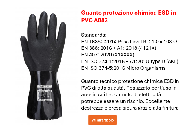Immagine del guanto di protezione chimica ESD in PVC A882 nero con una breve panoramica delle norme e del testo informativo. Il link fornito conduce alla pagina del prodotto e a informazioni più dettagliate.