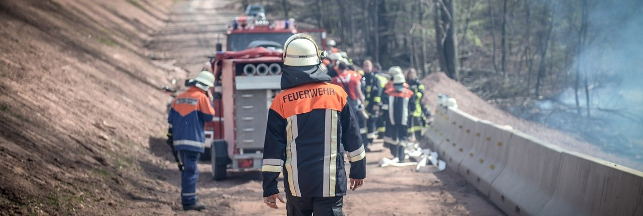 Vista posteriore di un vigile del fuoco in piena marcia. Sullo sfondo si vede un'autopompa su un sentiero nel bosco e un gruppo di vigili del fuoco al lavoro.