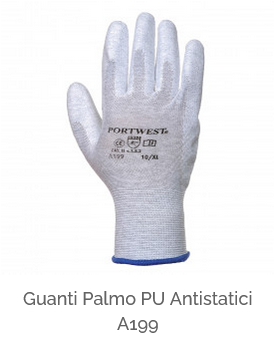 Immagine del guanto antistatico con palmo in PU A199 in grigio con link all'articolo.