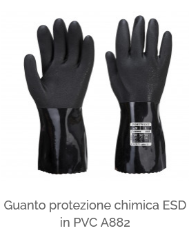 Guanti di protezione chimica ESD in PVC A882 di colore nero con collegamento all'articolo.