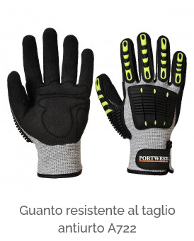 Guanto Anti Impact Cut Protection 5 A722 nei colori nero, giallo e grigio con link all'articolo.