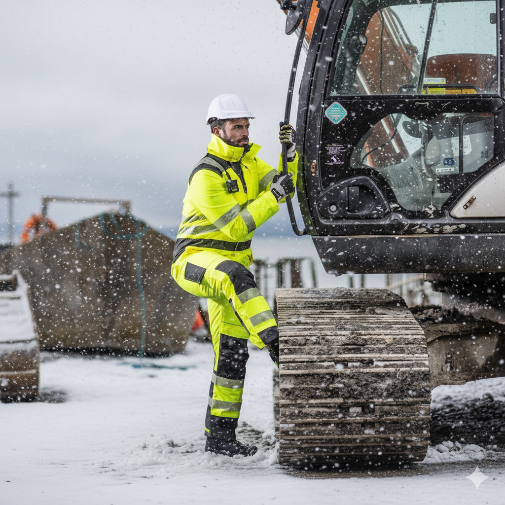 Un lavoratore indossa la tuta invernale ad alta visibilit&agrave; PW3 PW352 gialla con bande riflettenti mentre sale su un escavatore. Sullo sfondo si vedono un cantiere innevato e altri macchinari da costruzione.