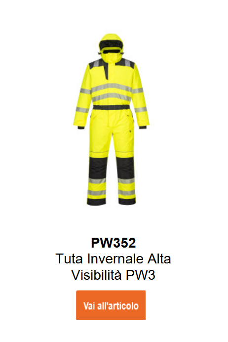 Immagine della tuta invernale ad alta visibilit&agrave; PW3 PW352 gialla con dettagli neri e bande riflettenti.