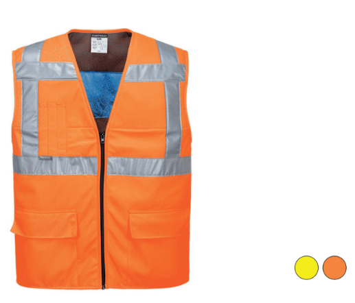 Esempio di immagine del gilet rinfrescante ad alta visibilità CV02 in arancione con esempi di colore in giallo e arancione e un link all'articolo.