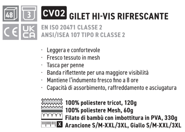 Descrizione delle proprietà del gilet rinfrescante ad alta visibilità CV02 con link all'articolo. Se segui il link troverai le descrizioni in dettaglio.