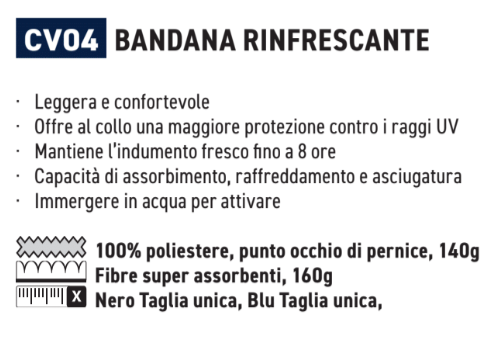 Descrizione delle proprietà della bandana rinfrescante CV04 con link all'articolo. Se segui il link troverai le descrizioni in dettaglio.