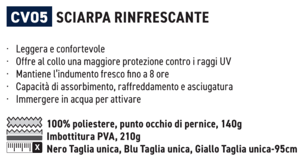 Descrizione delle proprietà della fascia rinfrescante per il collo CV05 con link all'articolo. Se segui il link troverai le descrizioni in dettaglio.