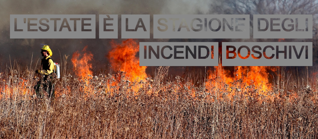 Un vigile del fuoco in equipaggiamento protettivo giallo si muove in un campo asciutto e in fiamme. Sullo sfondo si vedono alte fiamme e il cielo è oscurato dal fumo. Sopra l'immagine, a caratteri cubitali e ad alto contrasto, si legge la didascalia: "L'estate è tempo di incendi boschivi". Parte del testo ha uno sfondo trasparente, che permette alle fiamme di trasparire.