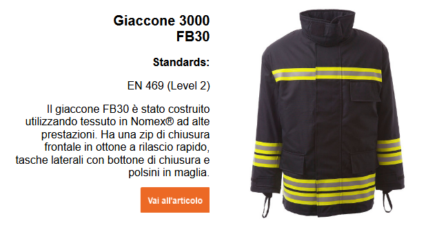 Immagine del soprabito da Vigile del Fuoco FB30 in blu scuro con strisce riflettenti e strisce gialle di segnalazione. Accanto all'immagine è presente un breve testo esplicativo, che può essere visualizzato sulla pagina del prodotto. Il link fornito porta alla pagina del prodotto.