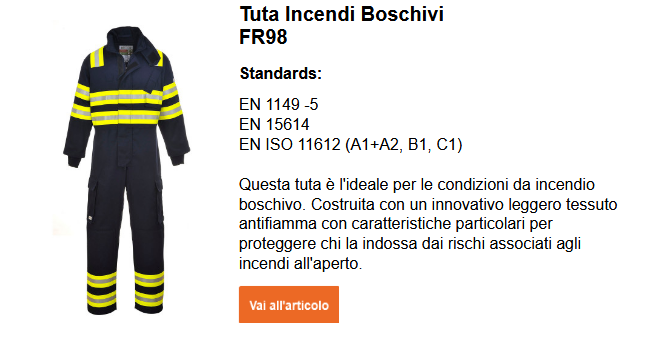 Immagine della tuta ignifuga Bizflame Forest Fire FR98 in blu scuro con strisce riflettenti e strisce gialle di segnalazione. Un breve testo esplicativo è presente accanto all'immagine. È possibile visualizzarlo nella pagina del prodotto. Il link fornito porta alla pagina del prodotto.
