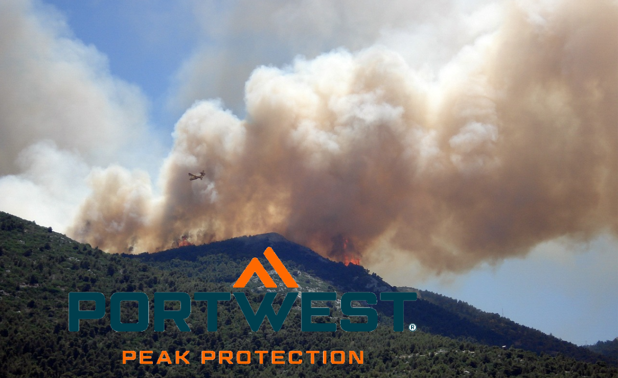 Un incendio boschivo infuria su un pendio verdeggiante, con dense nuvole di fumo che si alzano verso il cielo. Un aereo antincendio si avvicina, sversando acqua o agente estinguente sulle fiamme. Il logo del marchio Portwest è visibile in primo piano; lo slogan "Peak Protection" è riportato sotto. È incluso un link alla nostra selezione di abbigliamento antincendio.