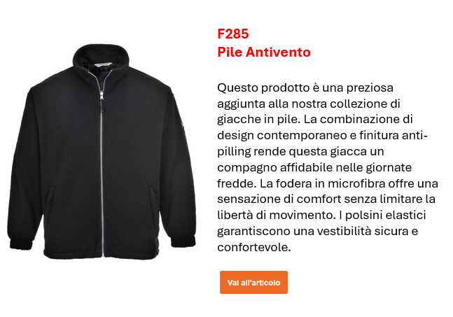 Immagine della giacca in pile antivento F285 in nero con una breve descrizione informativa sulla pagina del prodotto. Link al prodotto.