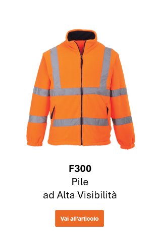 Immagine della giacca in pile ad alta visibilità F300 con fodera in rete, in arancione con strisce riflettenti. Link al prodotto.