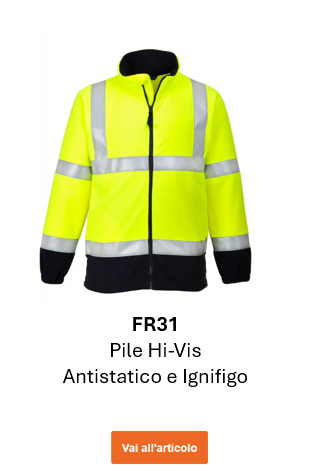 Immagine della giacca in pile ignifuga e antistatica Bizflame FR31 in giallo ad alta visibilità con dettagli blu e strisce riflettenti. Link al prodotto.