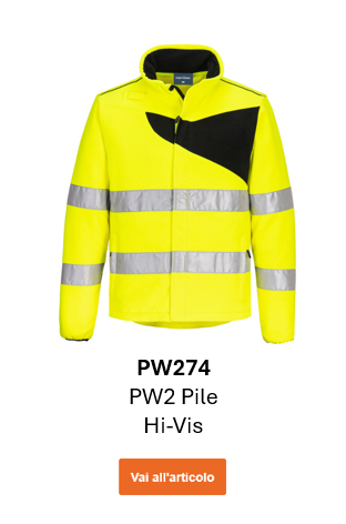 Immagine della giacca in pile ad alta visibilità PW2 PW274 in giallo con dettagli neri e strisce riflettenti. Link al prodotto.