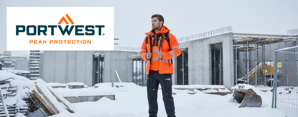 Un operaio indossa la giacca invernale Portwest DX4 Hi-Vis DX461 arancione brillante con dettagli neri e strisce riflettenti in un cantiere innevato.