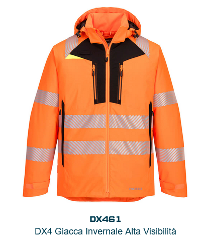 Immagine della giacca invernale ad alta visibilità DX4 DX461 in arancione con dettagli neri e gialli e strisce riflettenti. Di seguito un link all'articolo.