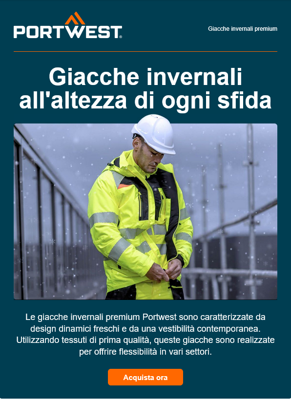 Immagine di copertina con il titolo "Giacche invernali all'altezza di qualsiasi sfida" e la foto di un operaio in caldo abbigliamento invernale giallo. L'uomo indossa un casco bianco e sta chiudendo la cerniera della giacca. Sullo sfondo si vede un cantiere innevato. Di seguito un link alle nostre giacche invernali.