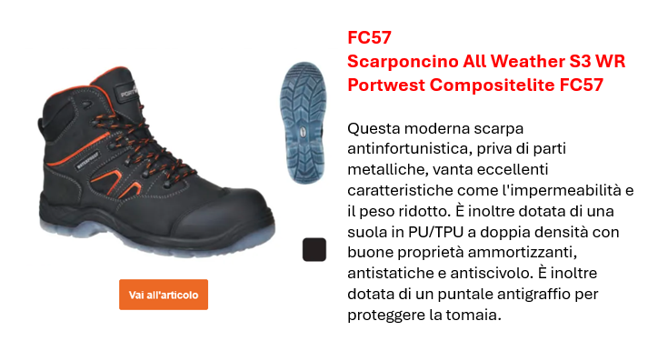 Immagine dello stivale Portwest Compositelite Allwetter S3 WR FC57 in nero con dettagli arancioni. La descrizione completa è disponibile nella pagina prodotto. È inclusa l’immagine della suola.