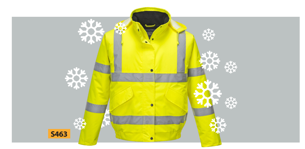 Immagine del prodotto della giacca Portwest S463 in giallo avvertimento con fiocchi di neve stilizzati come decorazione. Il collegamento all'articolo è depositato.