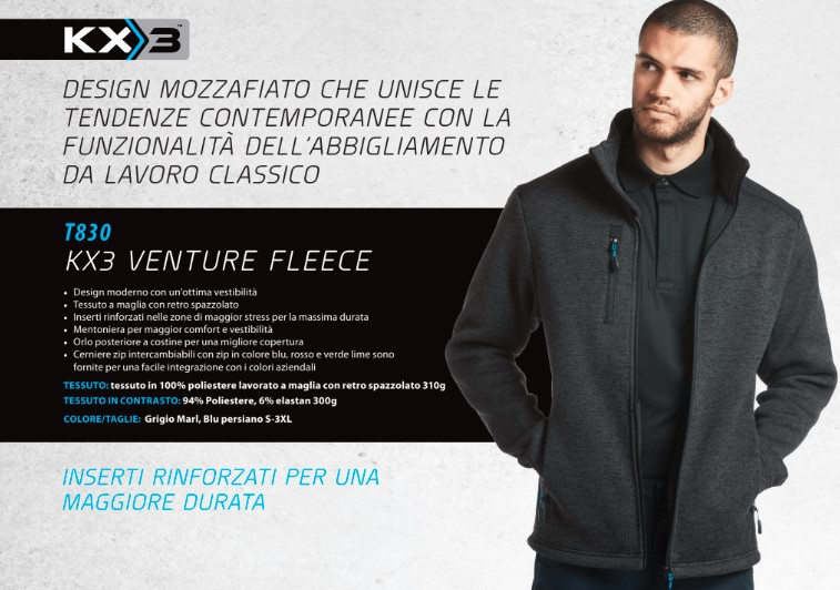 L'abbigliamento da lavoro streetwear KX3 combina sport, tendenze lifestyle e funzionalità con una vestibilità moderna e un comfort ottimizzato. Questi prodotti realizzati con tessuti di alta qualità sono progettati per la flessibilità e possono essere utilizzati in varie aree di lavoro.  Uomo in una giacca di pile grigia e blu del marchio Portwest.  Nuovi prodotti dinamici della collezione KX3 con abbigliamento alla moda che combina un design moderno con materiali di alta qualità per un'agilità duratura e movimenti senza sforzo.  Descrizione dell'articolo per la giacca in pile Portwest T830 con immagine di esempio.  Descrizione dei materiali della serie KX3.  Nuovi prodotti dinamici