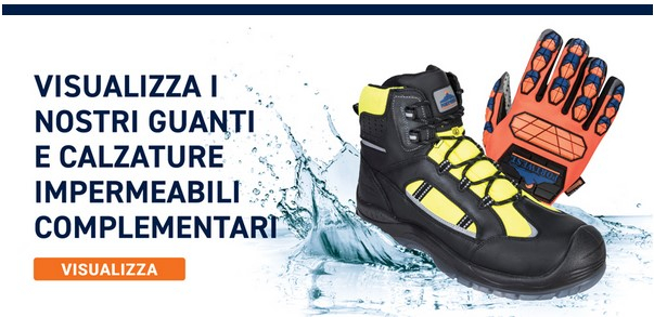 Link a scarpe e guanti impermeabili aggiuntivi con un'immagine di esempio di scarpe e guanti.