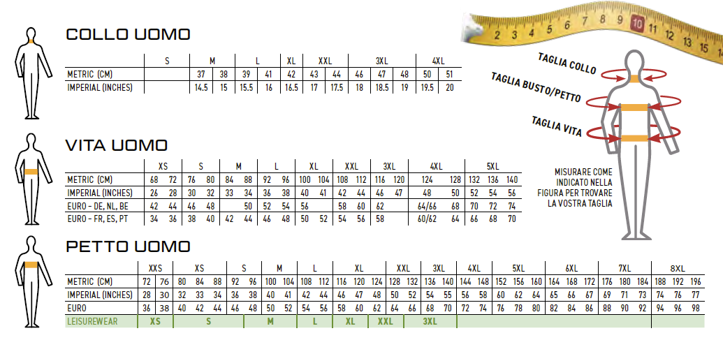 conversione taglie uomo 