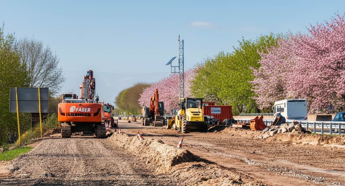 Cantiere edile con diversi escavatori e veicoli. A destra e a sinistra della strada sterrata si trovano alberi con foglie verdi e fiori rosa.