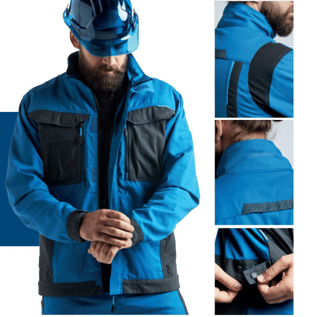 Immagini del modello della giacca T703 in blu con scatti dettagliati e un collegamento alla giacca.