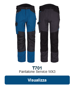 Pantalone di servizio T701 in blu e grigio con link al prodotto.